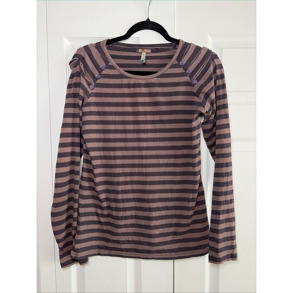Matilda Jane You & Me Top Womens M Purple Grey Striped Button Long Sleeve Cotton